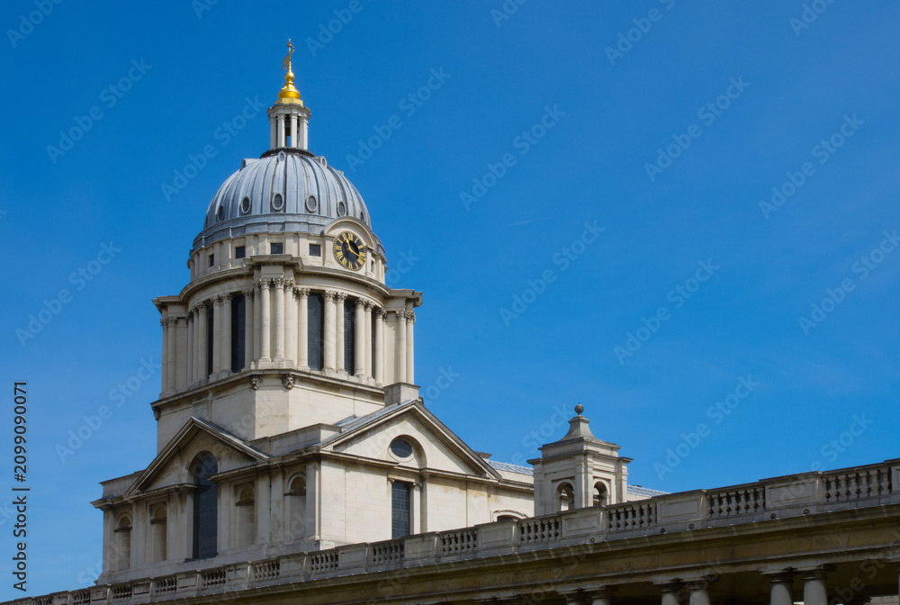 Fototapeta premium London UK - May 23, 2009: Classical dome and clock tower of the Old Royal Naval College in Greenwich London.