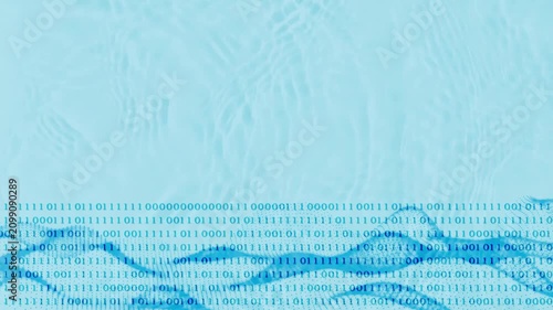 binary code and algorithm curves animation isolated on flowing water background, motion graphics overlay concept for digitization of water industry