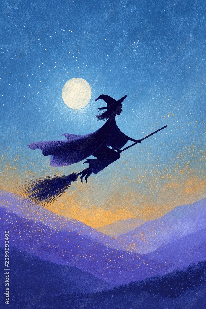 Fototapeta premium Magic flight: silhouette of a broom-riding witch under stars