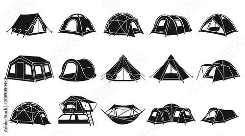 Camping Tents Silhouette Icons Set. Outdoor Adventure, Recreation and Travel Equipment Vector Collection