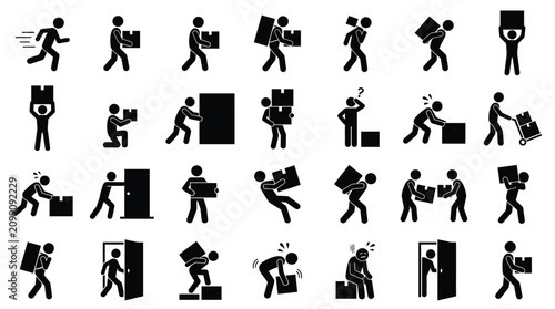 Set of black icons showing people moving boxes and delivering parcels