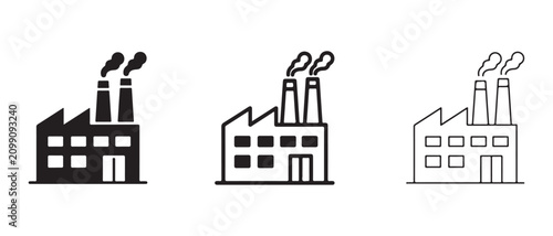 Factory building icons with smokestacks and smoke  industrial architecture symbols