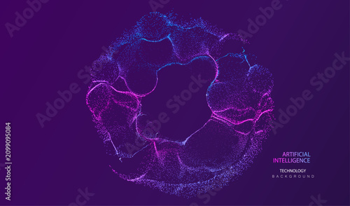 AI network circle banner on purple backdrop. Technology particles website design. Dots ai big data neon round background. Artificial Intelligence circles connected each other vector illustration.