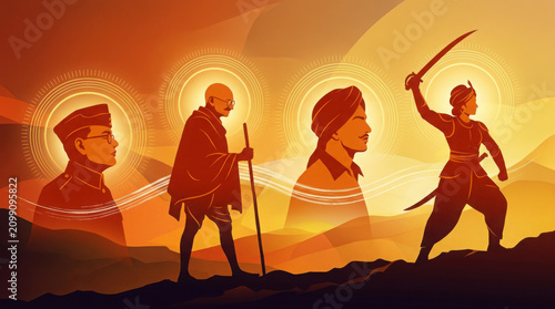 Silhouette of indian freedom fighters against warm orange and yellow background, generated using ai