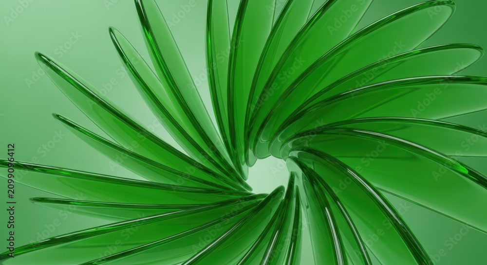 Fototapeta premium Abstract Green Glass Spiral Background with Glossy Petals and Radial Symmetry for Modern Design