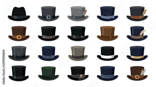 Variety of stylish top hats collection.