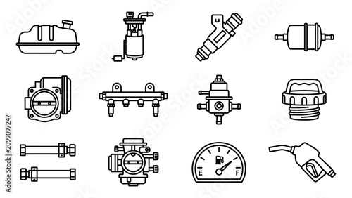 Automotive Fuel System Components Outline Icon Set