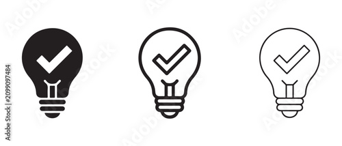 Light bulb icons with check marks in white black and outline on white background  symbolizing ideas and confirmation