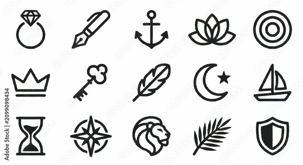 Fototapeta premium Collection of minimalist black and white icons and symbols.