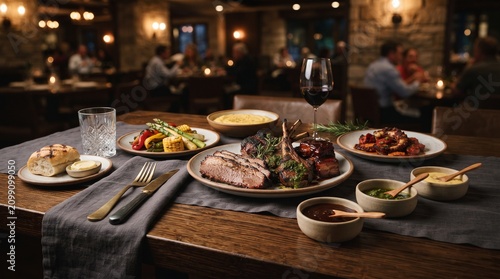 Gourmet grilled meat platter with lamb chops and brisket served on a rustic wooden restaurant table with side dishes and wine, atmospheric warm lighting for a luxury dining experience in evening