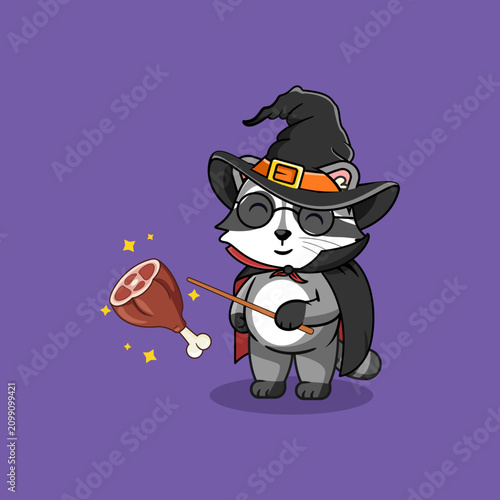 Photos Cute Raccoon Wizard Making a meat  Float with a Magic Wand Vector Illustration K