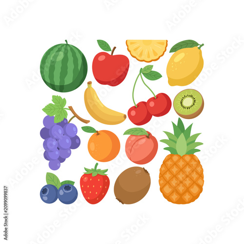 Fresh Colorful Fruits Collection in Flat Vector Style Isolated on White.