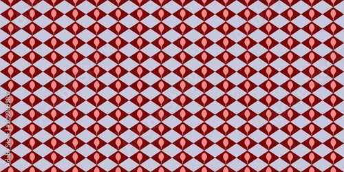 Foto seamless geometric pattern for textile or paper, featuring red and light lavender diamonds with abstract, reddish teardrop or spoon shapes, as seen in image