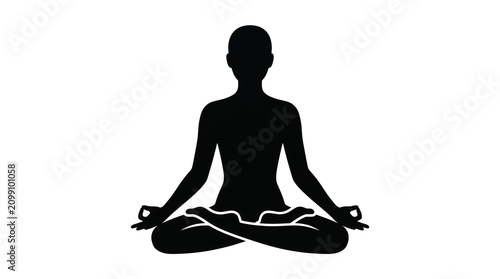 Black silhouette of a person meditating in a yoga lotus pose icon on a white background