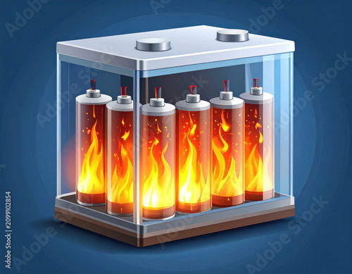Battery fire in glass case, glowing power concept
