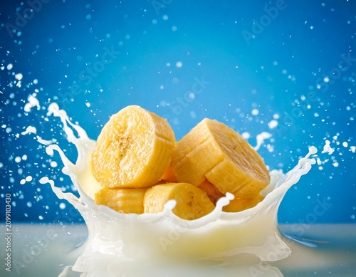 Fresh Banana Slices Splashing into Milk on Blue Background