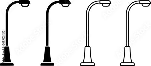 Street light icon set. Collection of outdoor lamp symbols in solid black and outline styles. Editable vector illustration on white background.