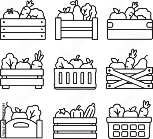 A collection of simple black and white line art icons depicts various wooden crates filled.
