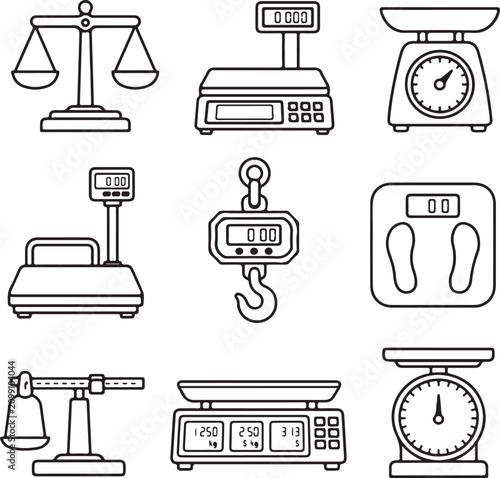 A collection of various weighing scales is illustrated in a simple black and white line.