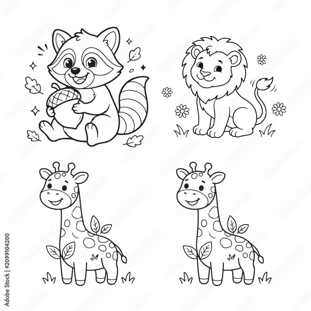 Obraz premium Cute baby animal characters for coloring book, vector black and white outline illustration set