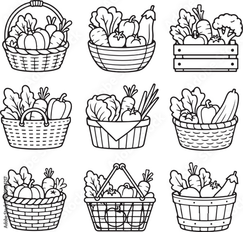 A set of line art illustrations depicts various baskets and crates filled with fresh.