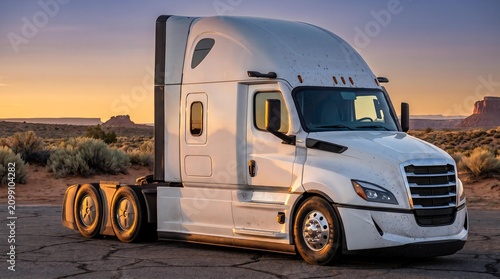 Tableau sur toile Modern White Semi Truck Tractor on Desert Highway at Golden Sunset