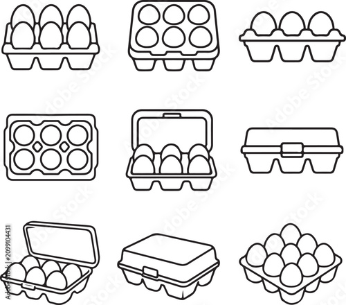A collection of simple line art icons illustrates various egg carton containers and.