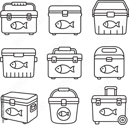 A collection of nine black and white line art icons depicting various portable cooler.