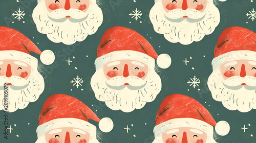 Vintage santa claus pattern with snowflakes on green background