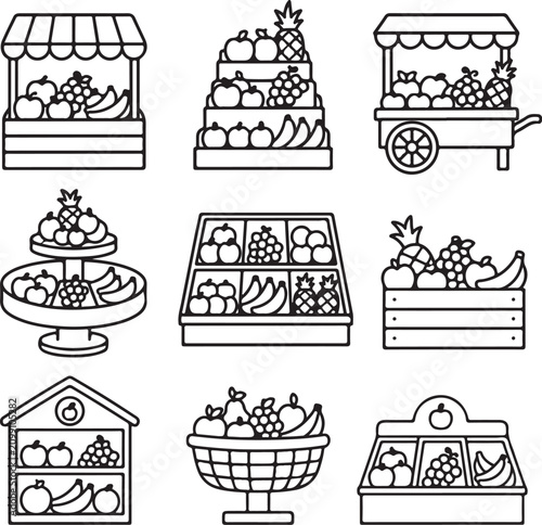 A collection of black and white line art icons depicts various fruit market stalls and.