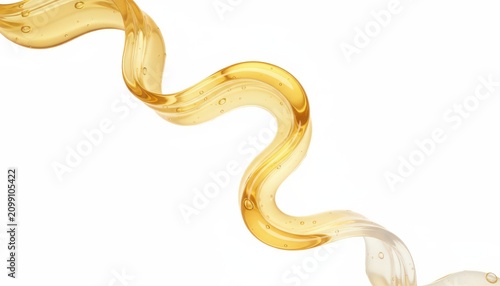 Wavy golden liquid ribbon flowing elegantly in air with transparent fluid bubbles.
