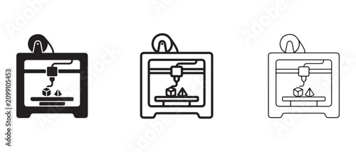 3D printer icons in different line styles for design and technology concepts  various printing technology symbols