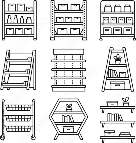 A collection of simple black and white line art icons depicting various shelves and.