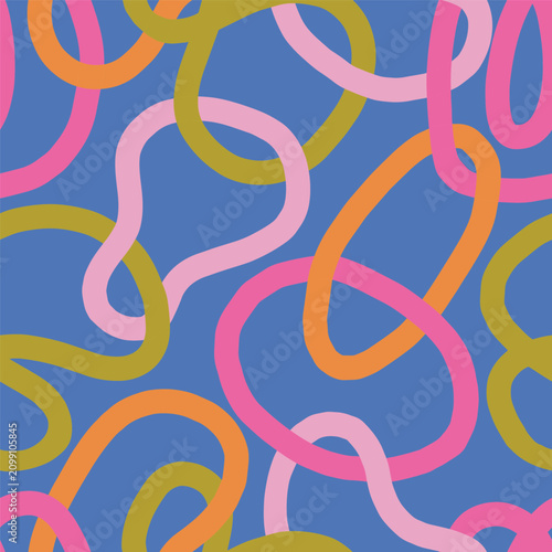 Multicoloured looping ribbon line seamless repeated pattern. Modern Playful Surface Pattern Design with a fun, energetic and retro-groovy squiggle character. Ideal for contemporary retro textile