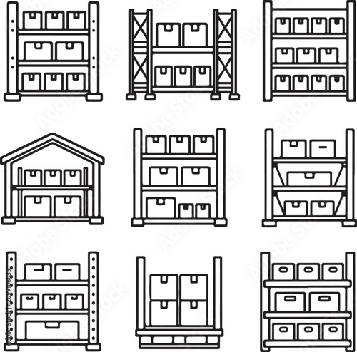 A collection of black and white line art icons depicting various warehouse storage.