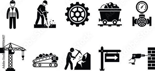 Canvas Print Industrial construction mining icon set with machinery workers tools engineering and heavy equipment site