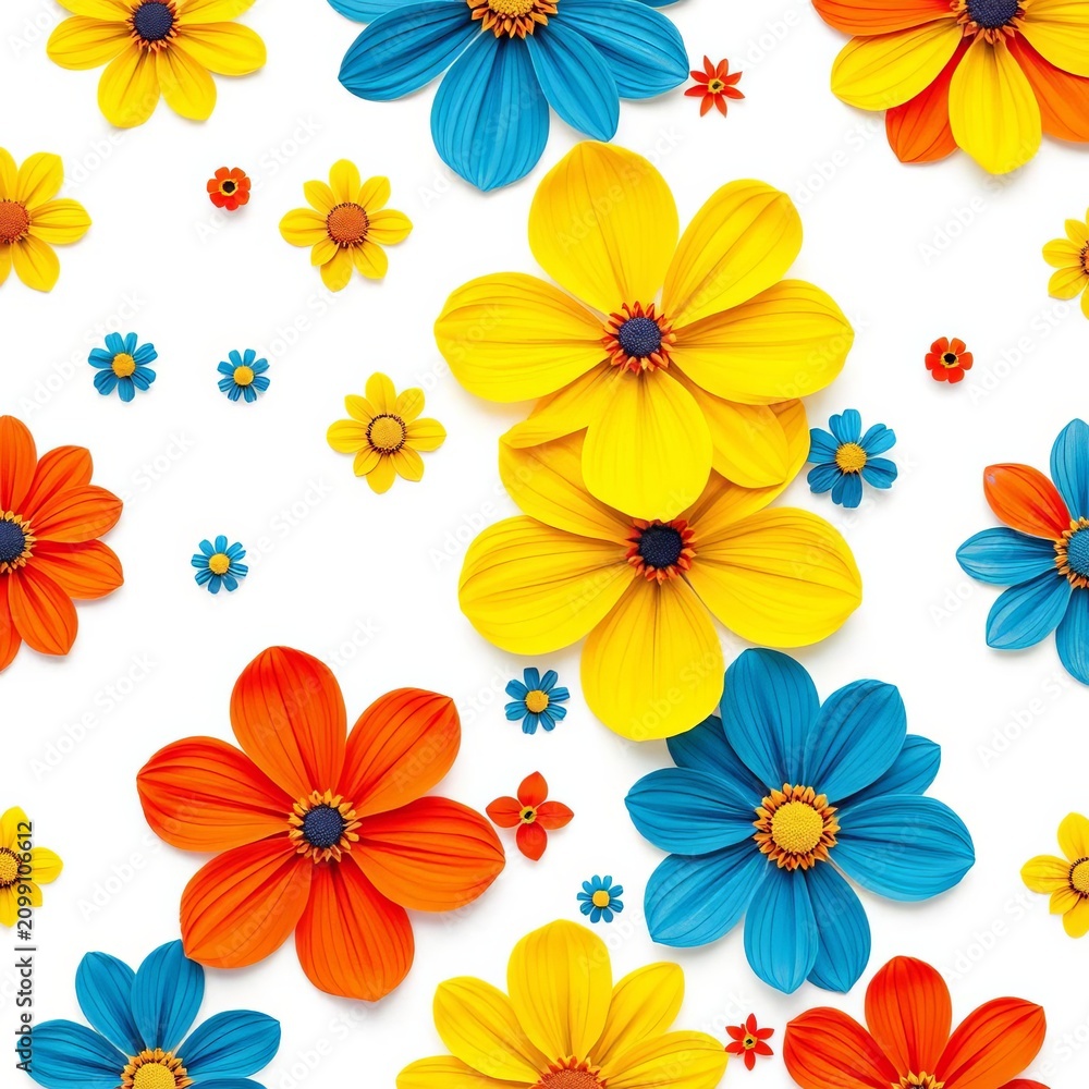 Obraz premium Floral patterns in bright yellow, blue, and red on a white background, resembling a modern abstract art piece, wallpaper, flat design