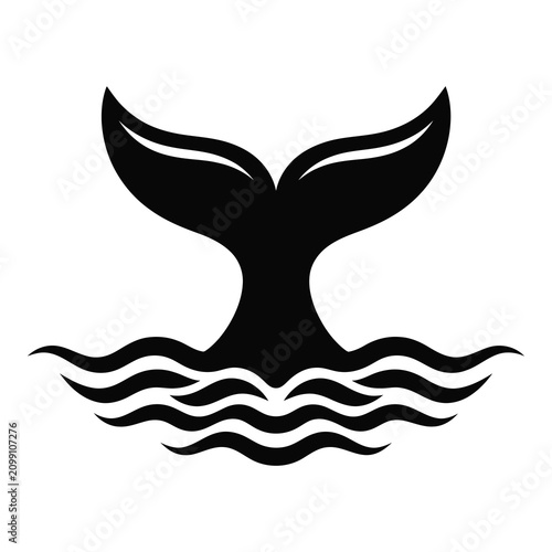 Foto Black whale tail fluke swimming in wavy ocean water illustration icon