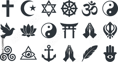Tableau sur toile Religious and Spiritual Symbol Icon Collection with Cross, Crescent, Om, Yin Yan