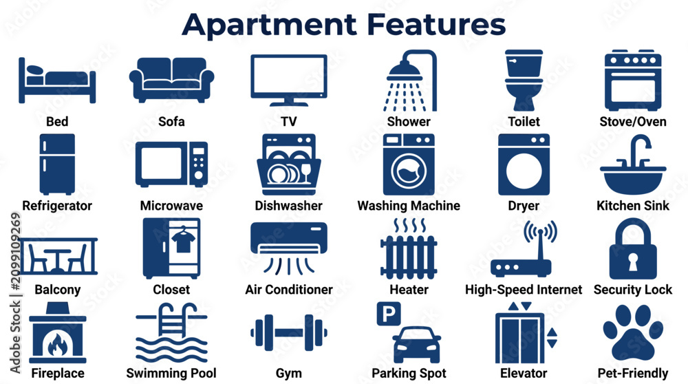 Obraz premium Apartment Features Icons Set Collection Diverse Home Amenities Amenities For Living Spaces And Property Listings Professional Design