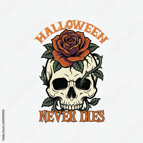 Halloween skull with rose. Spooky graphic design