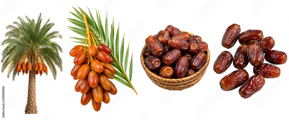 Fototapeta premium Realistic date palm tree and sweet dates collection isolated on white background 