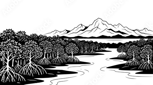 Bild auf Leinwand Mangrove forest landscape with mountains and river, black and white illustration