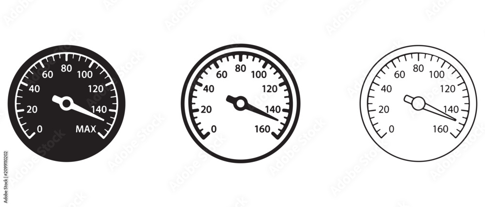 Obraz premium speedometer gauge icons in black and white with various dials and numbers speedometer gauges with different designs and scales