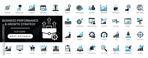 Business performance and growth strategy solid icon set featuring KPI, analytics, planning, productivity, growth, and management. Editable vector illustration collection.