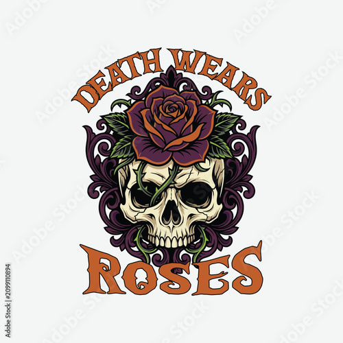 Skull with rose. Death symbol with floral design
