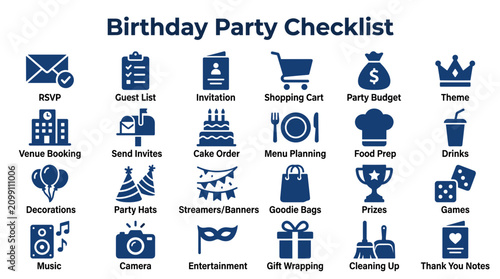 Quadro su tela Birthday Party Checklist Graphic with Icons for Planning and Organization