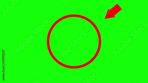Red circle outline and arrow pointer element on green screen background for video editing assets