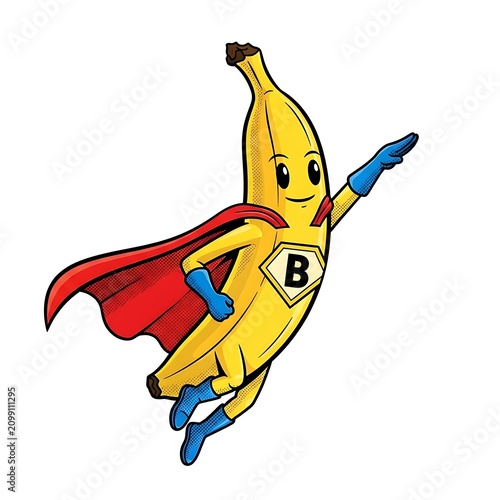 Superhero Banana Character Wearing Cape and Gloves.