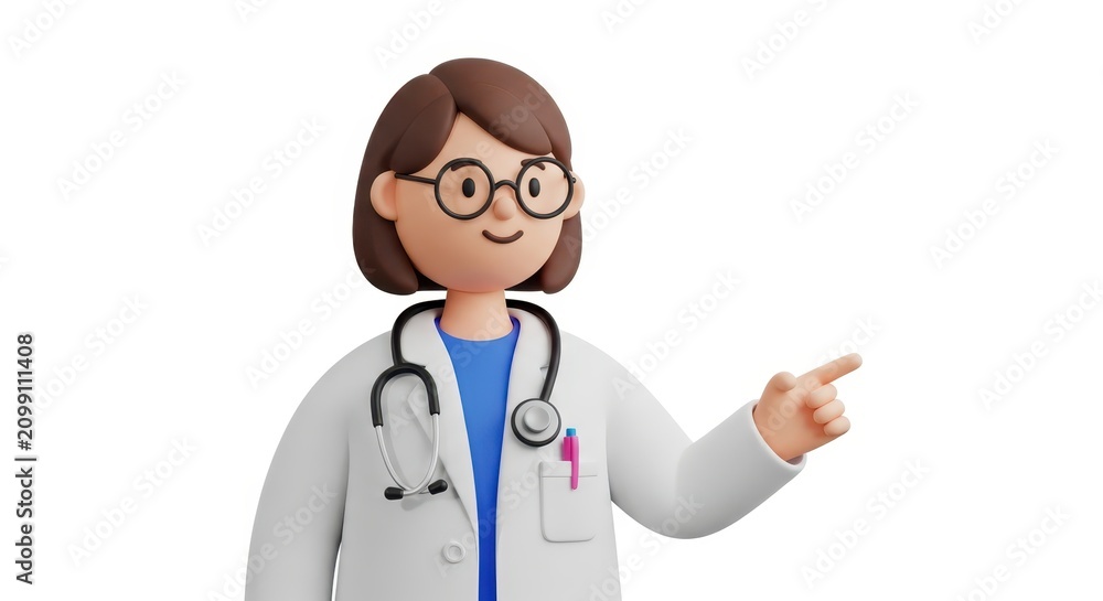 Fototapeta premium 3D Cartoon Female Doctor Character in White Lab Coat with Stethoscope Pointing to Side Isolated on White Background